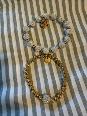 Rustic Cuff 2 Gold & White Crystal Bead Stretch Bracelets